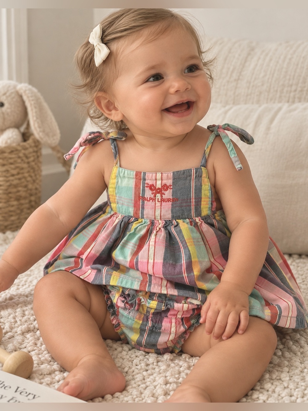 Vintage Ralph Lauren Plaid Pastel Infant Sundress & Bloomers Set Small 6-12 M